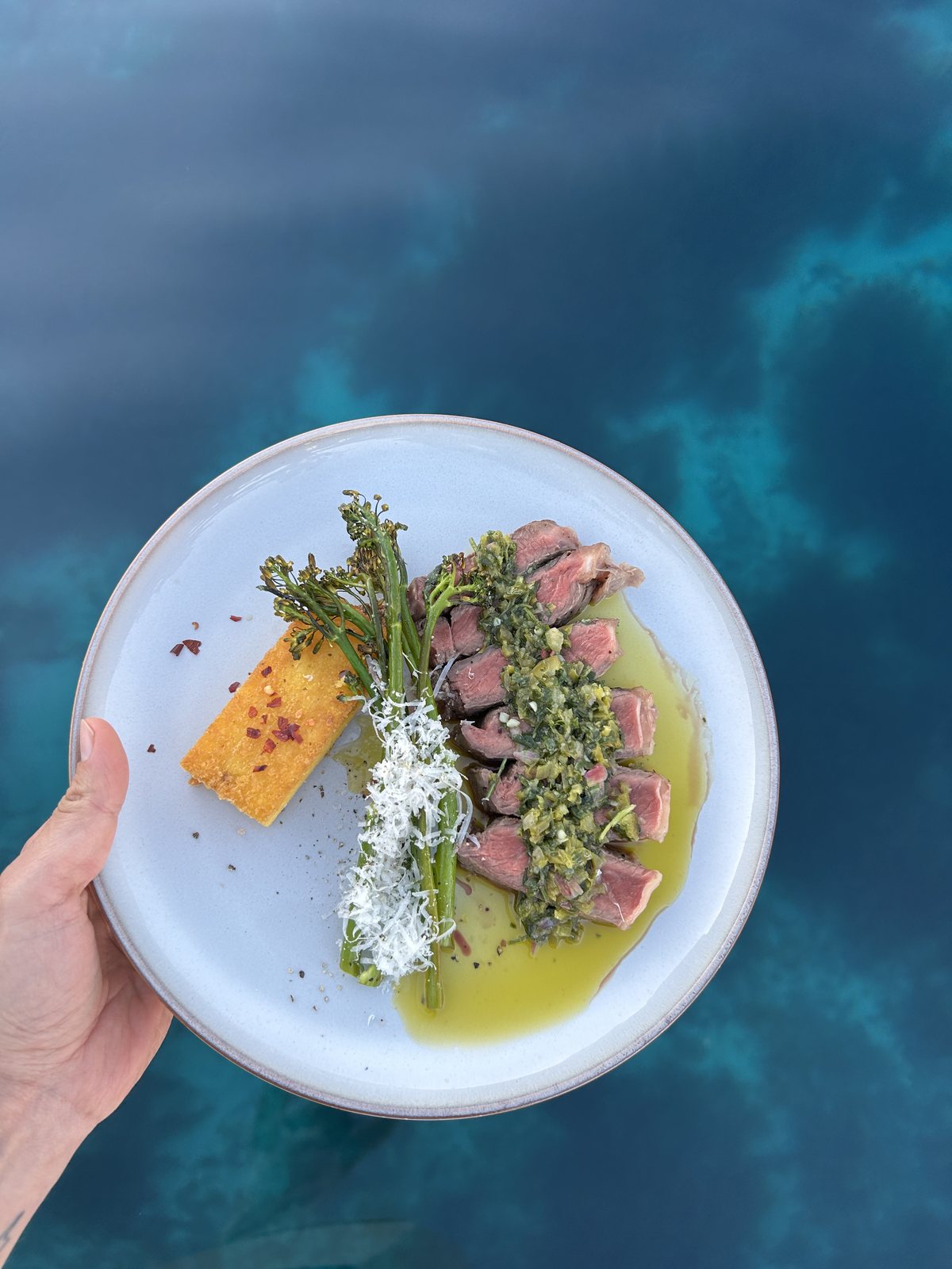 A hand holds a white plate out over deep blue water: seared rare tuna under a green herb sauce, grilled broccolini, a crumbled white cheese and a golden fried square, in a pool of olive oil.
