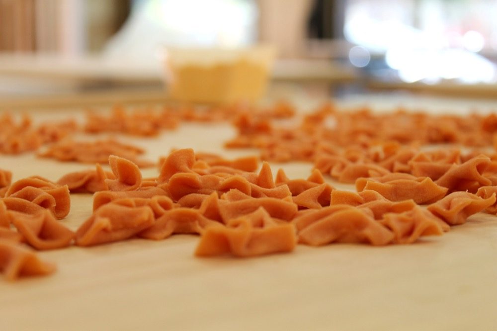 Several hundred small closed tortellini spread out in loose rows across a pale wooden board to dry, filling the whole frame, with a bowl and a bench out of focus behind them.