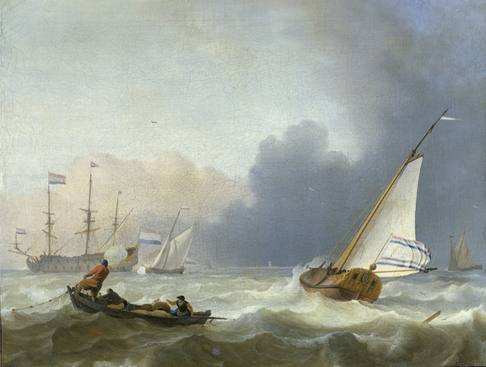 Ludolf Backhuysen 1694 painting of a Dutch yacht under sail in rough seas